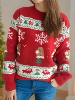 553807166 Christmas Element Round Neck Long Sleeve Sweater