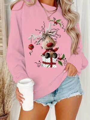 553805849 Long Sleeve Christmas Reindeer Graphic Crew Neck Sweatshirt