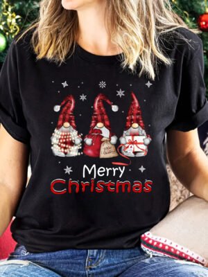 553999321 Women's Christmas Gnome Pattern Printed Short Sleeve T-Shirt Round Neck Casual Top Black Red White